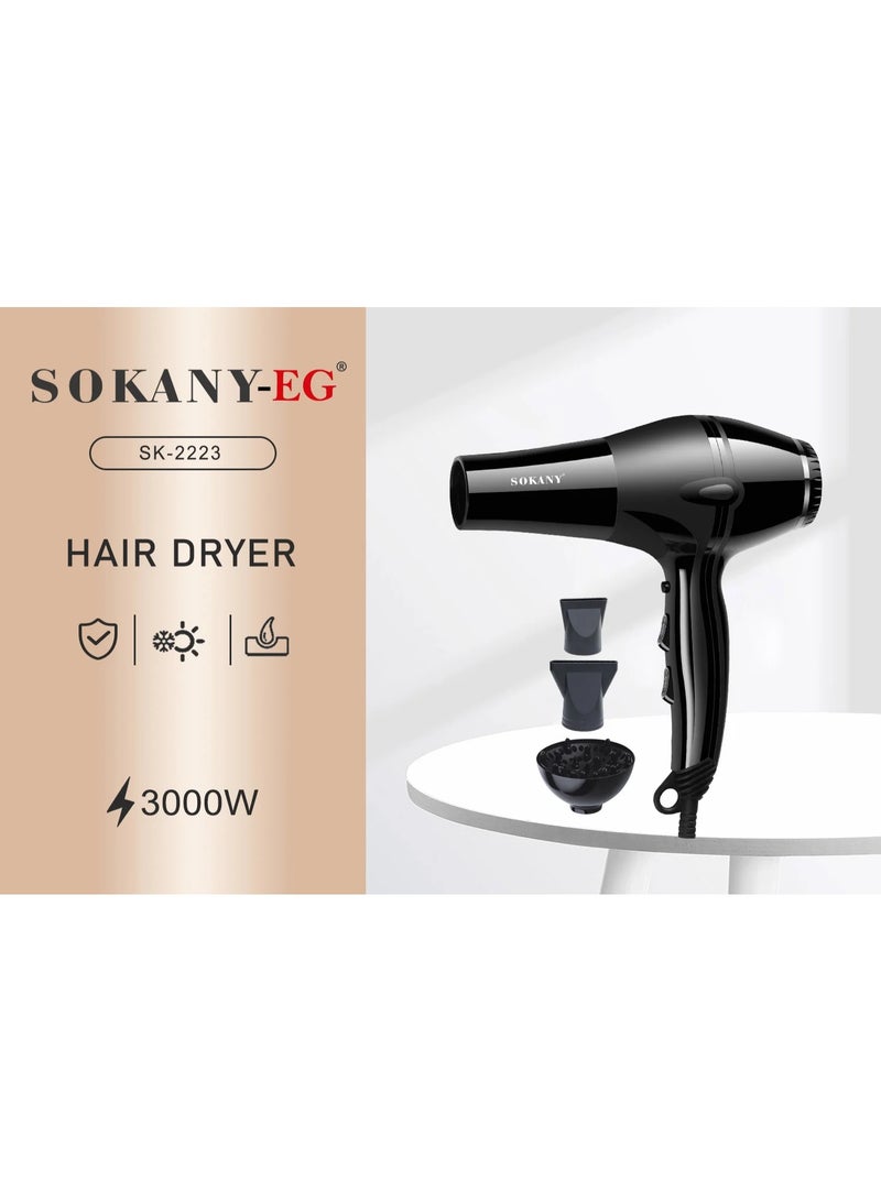 Sokany SK-2223 Professional 3000W Hair Dryer with 2 Speeds (Hot & Cold Air) - Black - Image 4